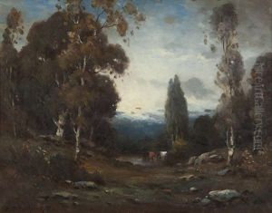 Cows Watering In A Forest Landscape Cows Watering In A Forest Landscape