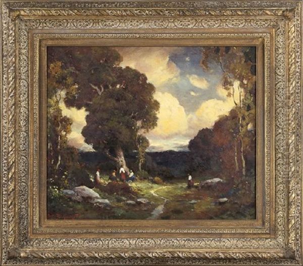 Wooded Landscape With Women Doing Laundry By A Stream - view 1