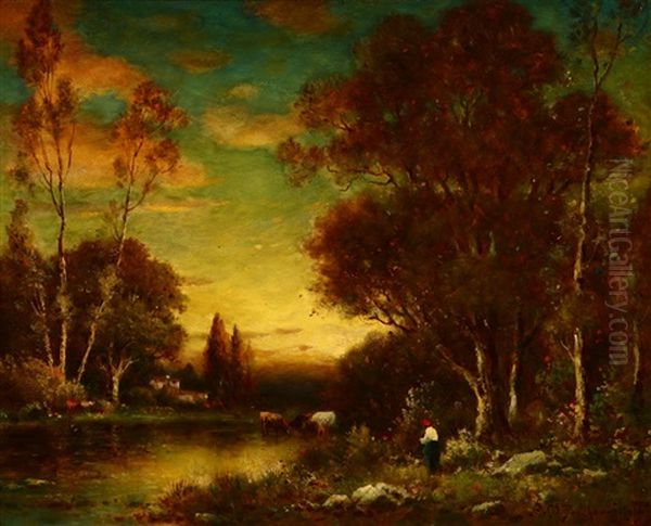 Figures Tending To Cattle Watering At Sunset - view 1