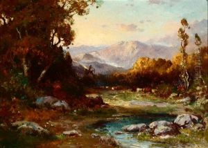 Cattle Grazing Near A River In A Wooded Landscape by Alexis Matthew Podchernikoff