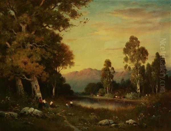 Atmospheric Landscape With Figures And Cows Near A Lake - view 1