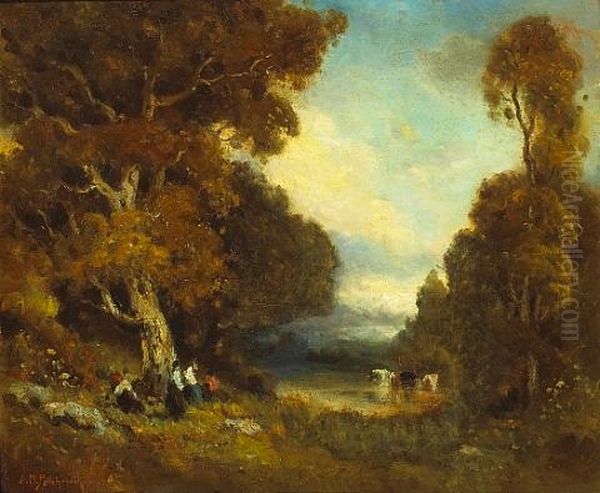 Figures By A Pond With Cattle Watering - view 1