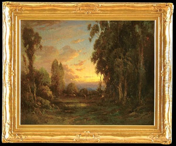 Glowing Sunset With Woman And Cattle - view 1