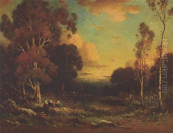 Figures And Cattle Watering In Wooded Landscape - view 1