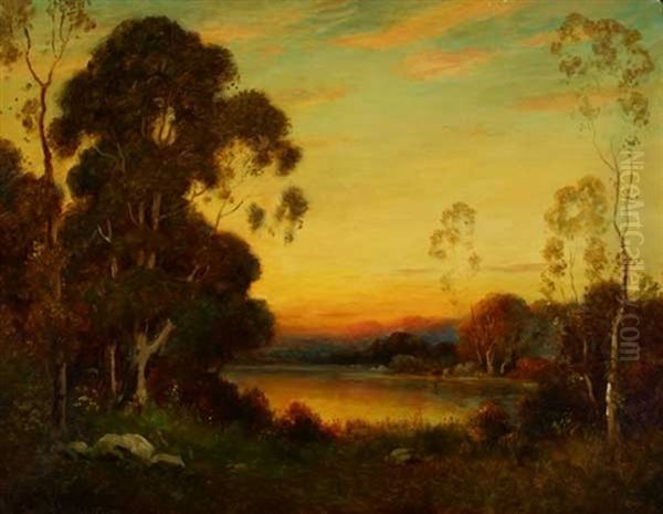 Lake In Sunset Wooded Landscape - view 1