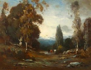 Cattle Watering In Wooded Landscape by Alexis Matthew Podchernikoff