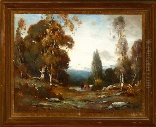 Cattle Watering In A Wooded Landscape - view 1