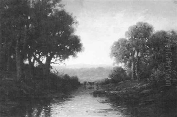 Evening Landscape With Cows Wading - view 1