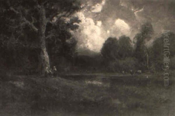 Cattle And Figures By A Pond In A Glowing Sunset Landscape - view 1
