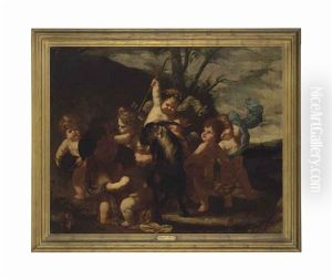 Putti Playing With A Goat In A Wooded Landscape by Giovanni Andrea Podesta