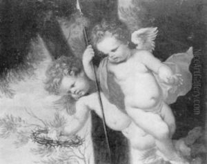 Two Flying Cherubs Holding The Crown Of Thorns And The Spear Of Longinus by Giovanni Andrea Podesta