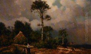 Kystlandskab Med To Piger, Der Plukker Blomster Ud For Et Strataekt Bondehus by Richard Theodor Poebing