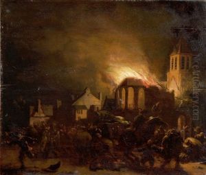 Ansicht Einer Brennenden Stadt In Holland by Adriaen Lievensz van der Poel