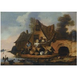 A Peasant Cleaning Fish In Front Of A Cottage By A Stream, With A Still Life Of Cabbages, A Barrel And A Copper Bowl, Ducks In The Foreground
