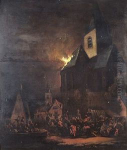 Nachtelijke Brand In Een Door Soldaten Bezette Stad by Adriaen Lievensz van der Poel