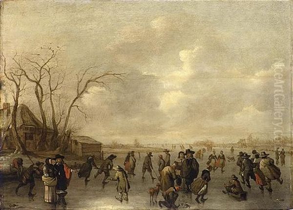 A Winter Landscape With Skaters, Figures Playing Golf And A Boy On A Sleigh On A Frozen River, A Farmhouse To The Left - view 1