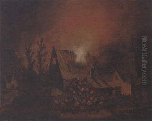 A Village On Fire At Night by Adriaen Lievensz van der Poel