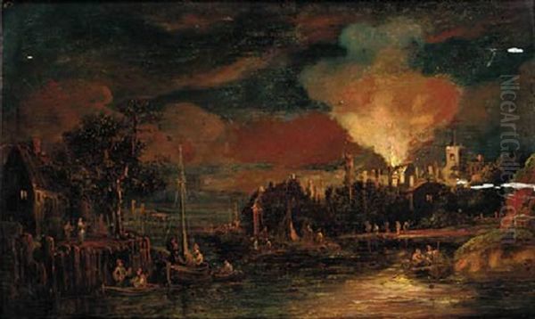 A Harbour At Night With A Fire Burning In A Town Beyond - view 1