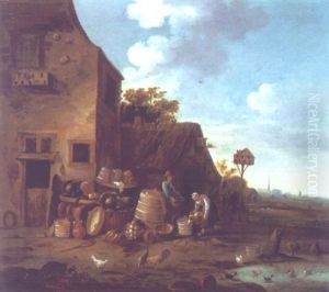A Kitchen Maid And A Peasant Outside A Cottage Beside Various Kitchen Utensils, A Distant Town Beyond by Adriaen Lievensz van der Poel