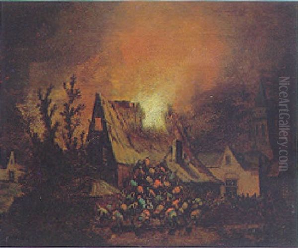 A Village Landscape At Night With Numerous Figures Attempting To Pour Water From A River On To A Burning Cottage - view 1