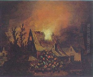 A Village Landscape At Night With Numerous Figures Attempting To Pour Water From A River On To A Burning Cottage by Adriaen Lievensz van der Poel