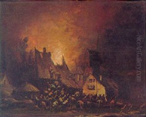 A Village At Night With Numerous Figures Fleeing From A Burning House