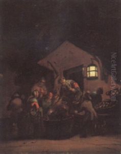 Peasants Gathered Around A Basket By Moonlight by Adriaen Lievensz van der Poel