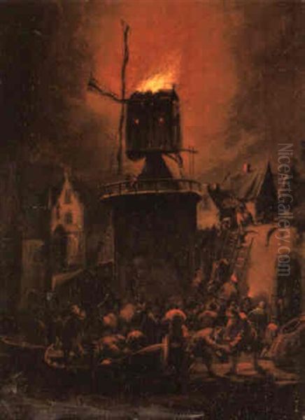 A Village Scene At Night With Figures Surrounding A Burning Windmill - view 1