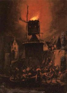 A Village Scene At Night With Figures Surrounding A Burning Windmill