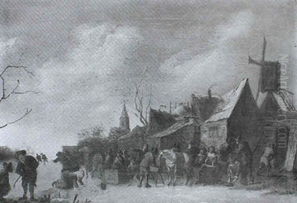 Figures Gathered Before An Inn On A Frozen River - view 1
