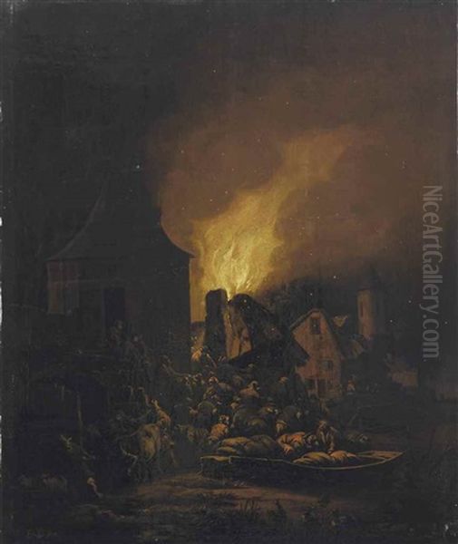 Fire In A Village At Night With Numerous Figures Near A Bell Tower On The River Bank - view 1