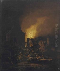 Fire In A Village At Night With Numerous Figures Near A Bell Tower On The River Bank