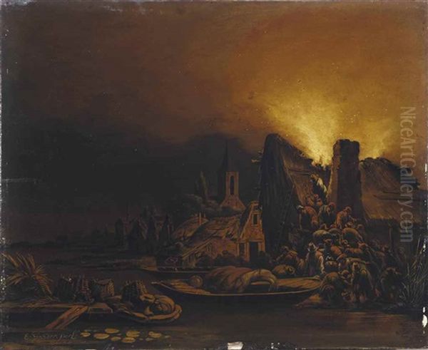 A Village On A River Bank At Night With Villagers Putting Out A Fire - view 1