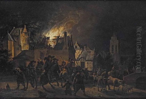 A Village By Night With A House Burning In A Town - view 1