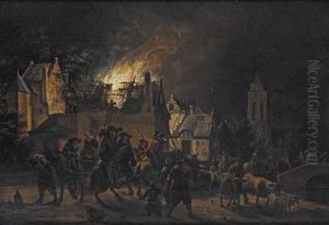 A Village By Night With A House Burning In A Town by Egbert van der Poel