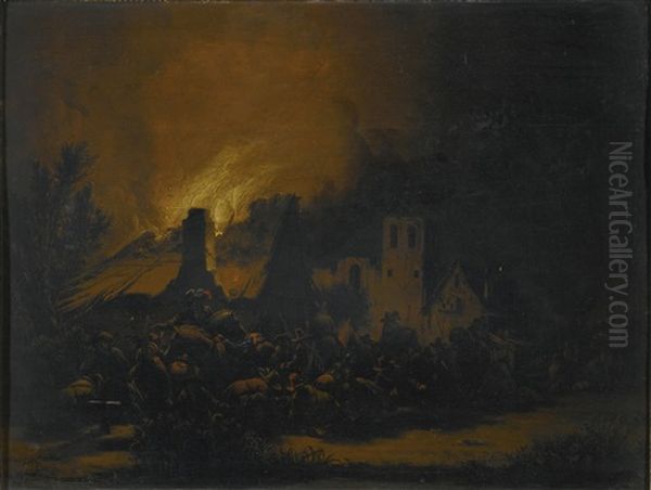 A Fire In A Village At Night - view 1