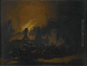 A Fire In A Village At Night by Egbert van der Poel