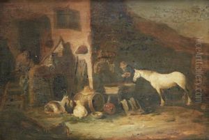 Cheval A L'abreuvoir Devant Un Batiment De Ferme