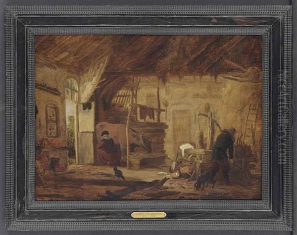 A Barn Interior With A Maid Milking Cattle, And A Peasant - view 1