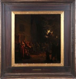 A Nocturnal Village Scene On The Oude Delft, With Numerous Figures Gathered Around A Burning Tar-barrel