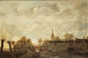Figures On A Canalside by Egbert van der Poel