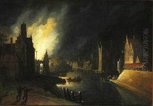 A Fire Near A Canal In The Middle Of The Night