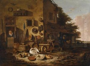 Eine Kuchenmagd In Der Tur Eines Bauernhauses by Egbert van der Poel