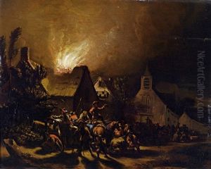 Marodeure Vor Einem Brennenden Dorf by Egbert van der Poel