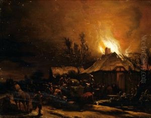 Nightly Scene Of Farmers Near A Burning Farm by Egbert van der Poel