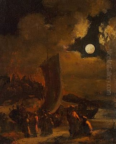 A Moonlit Beach With Figures By A Boat - view 1
