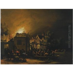 A Fire In A Village At Night With Villagers Trying To Extinguish It by Egbert van der Poel