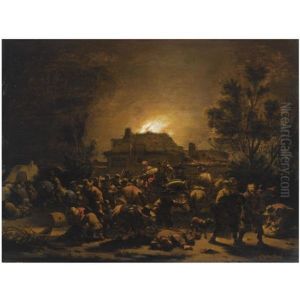 A Fire In A Village At Night, With Looting Soldiers In The Foreground by Egbert van der Poel