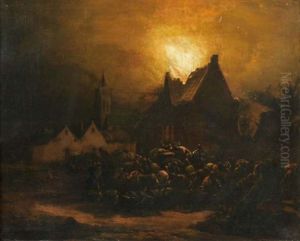 Villageois Fuyant Avec Leurs Betes Un Village En Feu La Nuit