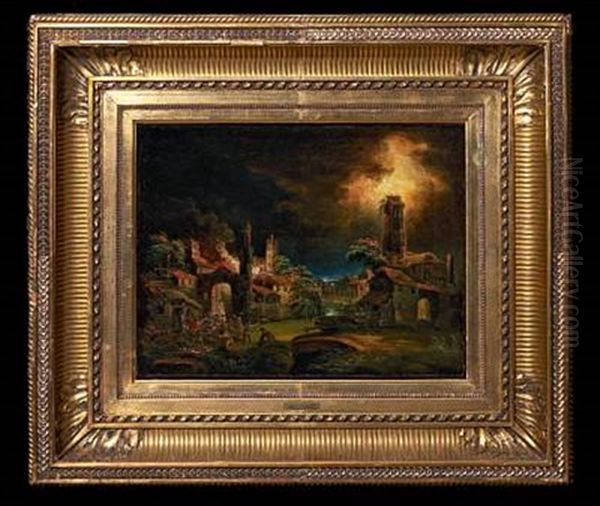A Fire At Night In A Village During A Storm - view 1